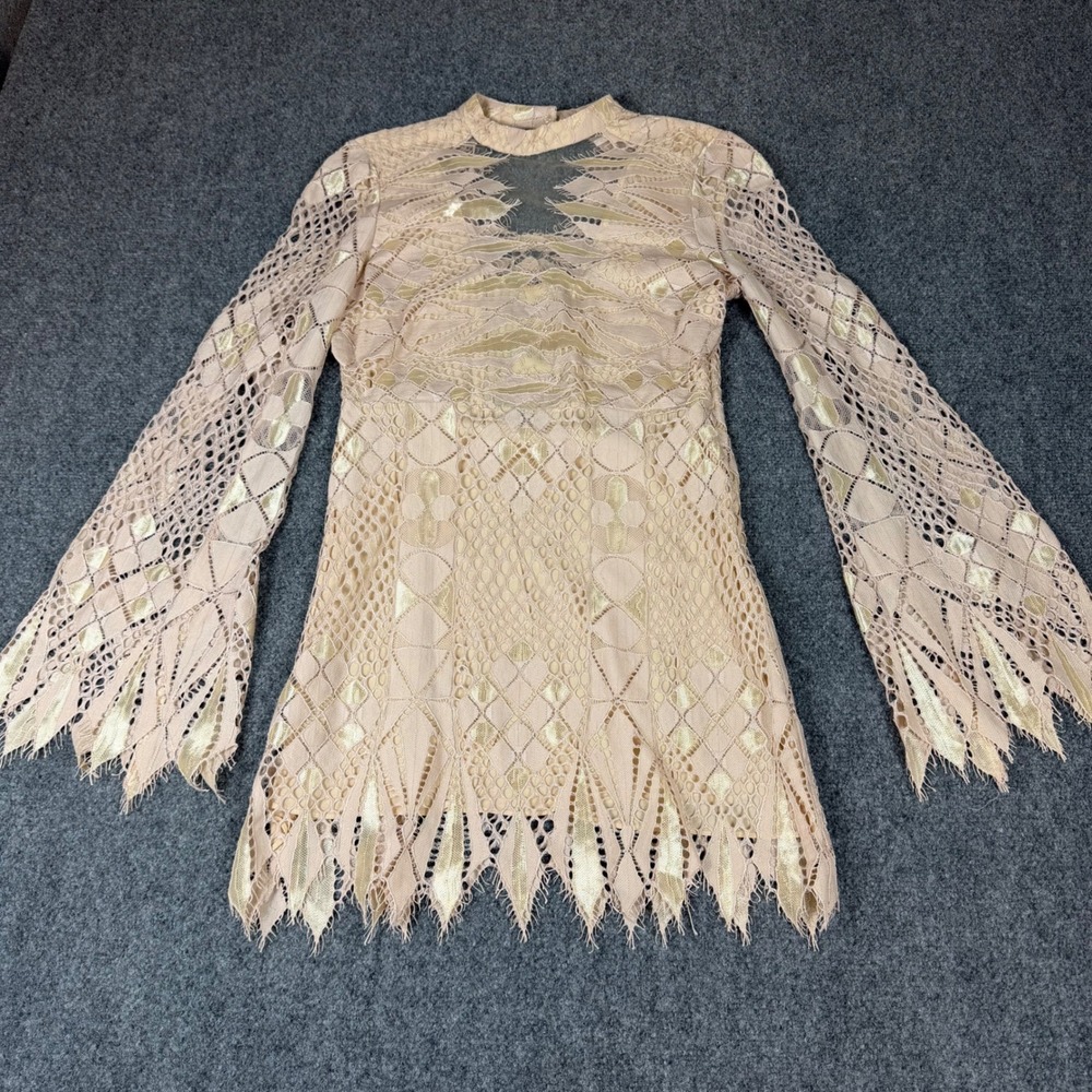Free People Fairy Lace Mini Dress Pink Gold Metallic Bell Sleeve High Neck Sz 6